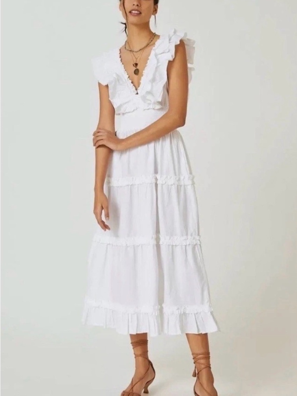 Caroline Constas White Ruffled V-Neck Midi Dress